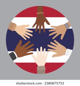 Ilustración vectorial plana de personas levantando la mano sobre el fondo de la bandera de Tailandia. Concepto de unidad.