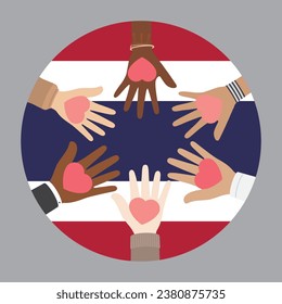 Flat vector illustration of people raising their hands on Thailand flag background. Unity concept.