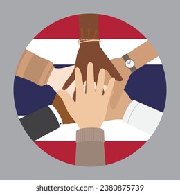 Flat vector illustration of people raising their hands on Thailand flag background. Unity concept.