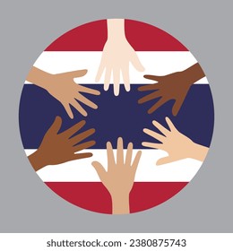 Flat vector illustration of people raising their hands on Thailand flag background. Unity concept.
