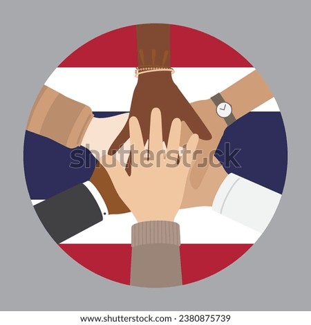 Flat vector illustration of people raising their hands on Thailand flag background. Unity concept.