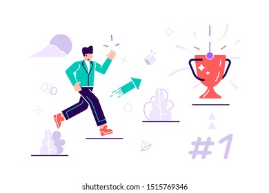 Flat vector illustration. People run to their goal on the column of steps. Move up motivation. The path to the target's achievement. Winner business and achievement vector concept. Success vector.