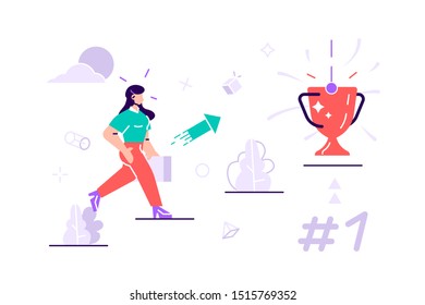 Flat vector illustration. People run to their goal on the column of steps. Move up motivation. The path to the target's achievement. Winner business and achievement vector concept. Success vector.