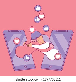 Flat vector illustration with people sharing emotions and interests via smartphones and social networks. Smooth cute style. Small harmonious palette. 