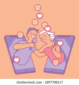 Flat vector illustration with people sharing emotions and interests via smartphones and social networks. Smooth cute style. Small harmonious palette. 