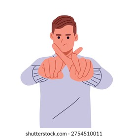 Flat vector illustration of people showing stop, no, and rejection gestures. expressing refusal, disagreement, prohibition, and negative emotions using hand signs such as stop hand, cross arms, thumbs down, and warning gestures. Modern cartoon characters representing boundaries, denial, protest, and disapproval. Perfect for communication concepts, social messages, and behavioral expressions.