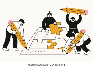Ilustração vetorial plana de pessoas resolvendo um quebra-cabeça e desenho com lápis gigantes. Perfeito para trabalho em equipe, criatividade, colaboração, educação e projetos temáticos de resolução de problemas.