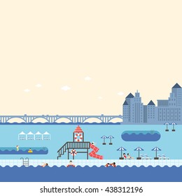 Flat vector illustration of people spend summer vacation in the outdoor swimming pool in the city.
