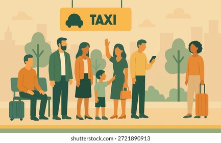 Ilustração vetorial plana de pessoas na fila à espera de um táxi em uma rua da cidade. Conceito de transporte urbano, transporte público, viagens, deslocamento e vida cotidiana da cidade.