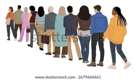 Flat vector illustration of people standing in a queue, back view. Men and women in casual clothes, waiting in line. Isolated rear view design on white background