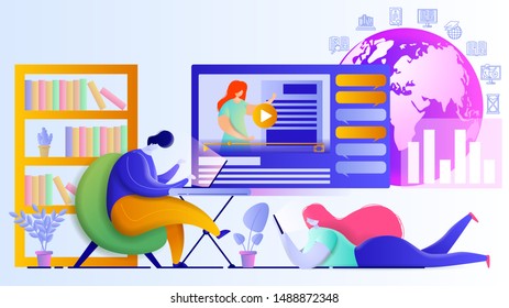 Flat vector illustration of people studying remotely at home. Online education design concept. Woman and man educating themselves and watching videos on their devices. E-earning and self-education.