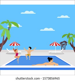 Flat vector illustration of people swimming in a resort on summer vacation.