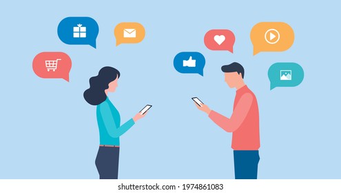 flat vector illustration people using mobile application for business online communication concept