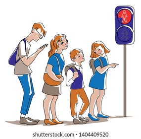 Flat vector illustration of people waiting at a traffic light.