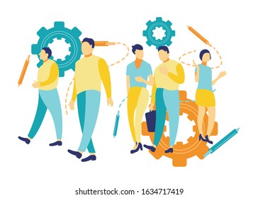 Flat vector illustration. People walk in front of the office. People walk while talking. Simple illustration vector.