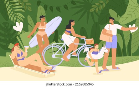 Flat vector illustration with people walking along a tropical seashore or ocean. Exotic plants in the background. Summer vacation banner concept.