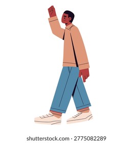 Flat vector illustration of people walking together in a busy urban scene, modern lifestyle characters in casual outfits, men and women in motion carrying coffee, books and bags, minimal cartoon style with dynamic poses, contemporary city crowd concept, social interaction and daily activity, isolated on light background, trendy design for web and print use
