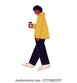Flat vector illustration of people walking together in a busy urban scene, modern lifestyle characters in casual outfits, men and women in motion carrying coffee, books and bags, minimal cartoon style with dynamic poses, contemporary city crowd concept, social interaction and daily activity, isolated on light background, trendy design for web and print use
