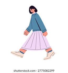 Flat vector illustration of people walking together in a busy urban scene, modern lifestyle characters in casual outfits, men and women in motion carrying coffee, books and bags, minimal cartoon style with dynamic poses, contemporary city crowd concept, social interaction and daily activity, isolated on light background, trendy design for web and print use