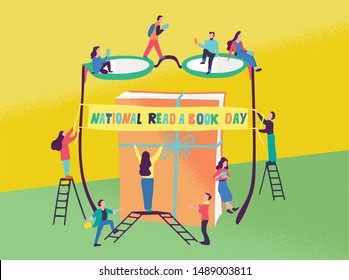 Flat vector illustration of people who prerare for the festival. Man and woman read a book and hang a banner on the bow of glasses and stand in front of a giant book. National read a book day. 