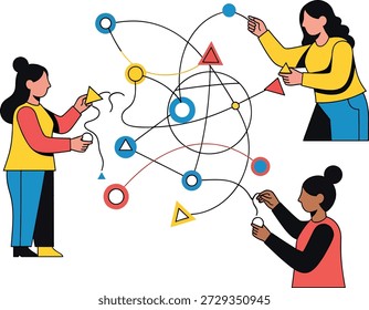Flat vector illustration of people working on a connected network diagram representing teamwork, communication, digital collaboration, and business connection.