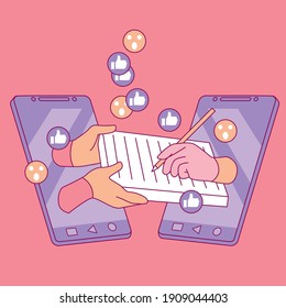 Flat vector illustration with people's hands using smartphones for sharing ideas and things. Smooth cute style. Small harmonious palette.
