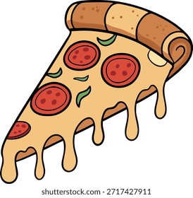 Una Ilustración vectorial plana de una rebanada de pizza de pepperoni con contornos negros gruesos y queso pegajoso goteando