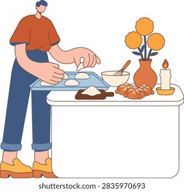 A flat vector illustration of a person baking traditional Mexican bread, pan de muerto, with candles and marigold flowers on a table.