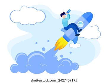 Ilustración vectorial plana del personaje de la persona con quien quiere lograr su visión. Buscando el futuro, buscando inspiración, centrándonos en los objetivos.