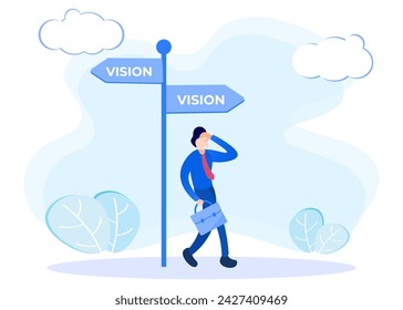 Flat vector illustration of person character with who wants to achieve his vision. Reaching for the future, looking for inspiration, focusing on goals.