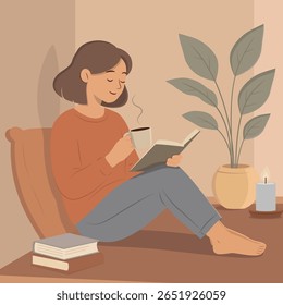 Flat vector illustration of a person enjoying a self-care moment at home with tea, a book, and a candle. Warm and peaceful atmosphere representing relaxation and mindfulness.
