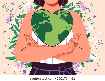 A flat vector illustration of a person holding a green heart-shaped Earth surrounded by flowers. Concept of environmental care, sustainability, love for nature, and global responsibility