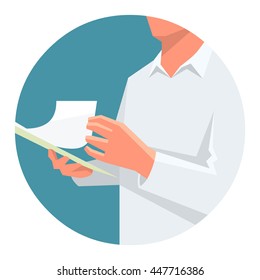 Flat Vector Illustration Of A Person Holding Clipboard In One Hand And Turning Page.