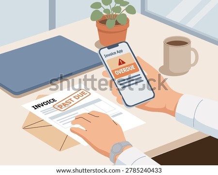 Flat vector illustration of a person holding a smartphone displaying an overdue invoice notification inside a billing app. Desk scene includes printed invoice marked “Past Due,” laptop, coffee mug, and office elements, representing small business cash flow issues, payment collection, and financial reminders.