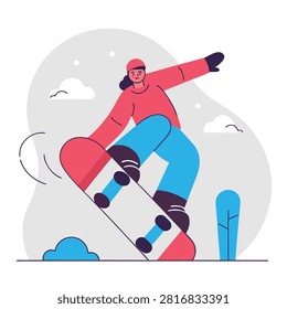 A flat vector illustration of a person performing a trick on a skateboard in a stylized outdoor setting.