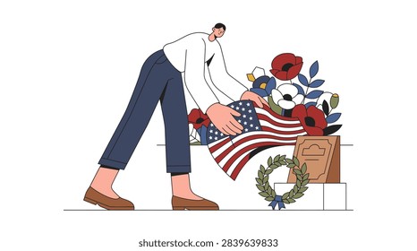 A flat vector illustration of a person placing a small American flag next to a memorial plaque and a floral arrangement with poppies.