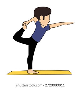 Ilustración vectorial plana de una persona practicando la Pose de bailarina de yoga (Nataraja Sana). Esta asana de yoga de equilibrio mejora la flexibilidad, la fuerza, la postura y el enfoque. Ideal para tutoriales de yoga, contenido de meditación, marca de bienestar, App en fitness, diseños de atención plena y visuales de estilo de vida saludable. Aislado sobre fondo blanco.