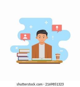 flat vector illustration of a person reading a book sitting at his desk with his thoughts and accompanied by a cup of coffee