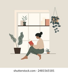 Flat vector illustration of a person reading a book by a window