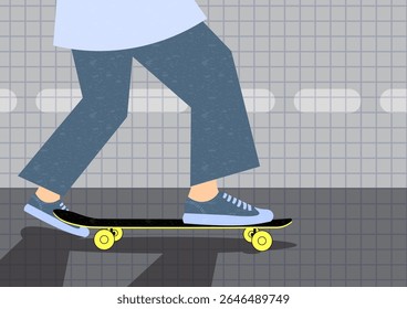 Flat vector illustration of a person riding a skateboard wearing blue sneakers. Suitable for urban lifestyle, outdoor activity, and youth culture themes.