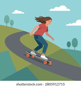 A flat vector illustration of a person riding a skateboard down a winding paved hill outdoors.
