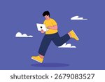 Flat vector illustration of a person running while holding a laptop against a blue background with clouds, symbolizing speed, technology, and remote work