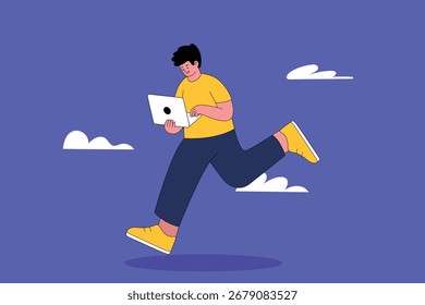 Flat vector illustration of a person running while holding a laptop against a blue background with clouds, symbolizing speed, technology, and remote work