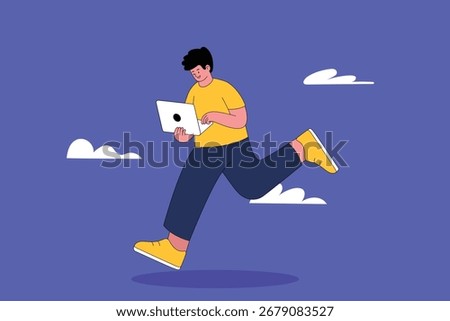 Flat vector illustration of a person running while holding a laptop against a blue background with clouds, symbolizing speed, technology, and remote work