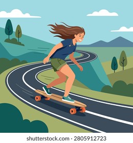 A flat vector illustration of a person skateboarding down a scenic winding road through the mountains.