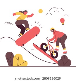 A flat vector illustration of a person skateboarding and another person riding a BMX bike on a ramp in a park setting.