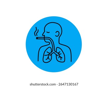 Ilustración vectorial plana de una persona fumando, mostrando los pulmones dentro del cuerpo. Fondo de círculo azul. Ideal para atención médica, campañas antitabaco y conciencia sobre la salud pulmonar.