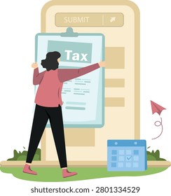 Flat vector illustration of a person submitting a report online through a digital tax filing platform. Concept of electronic tax return submission, e-government services, financial compliance, and online taxation management.