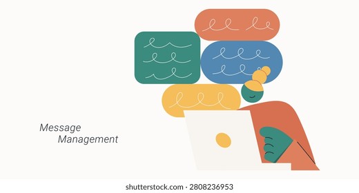 Flat vector illustration of person using laptop with multiple colorful chat message bubbles representing message management.