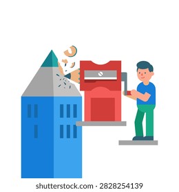 Flat vector illustration of a person using a giant red pencil sharpener to sharpen a massive blue pencil shaped like a building